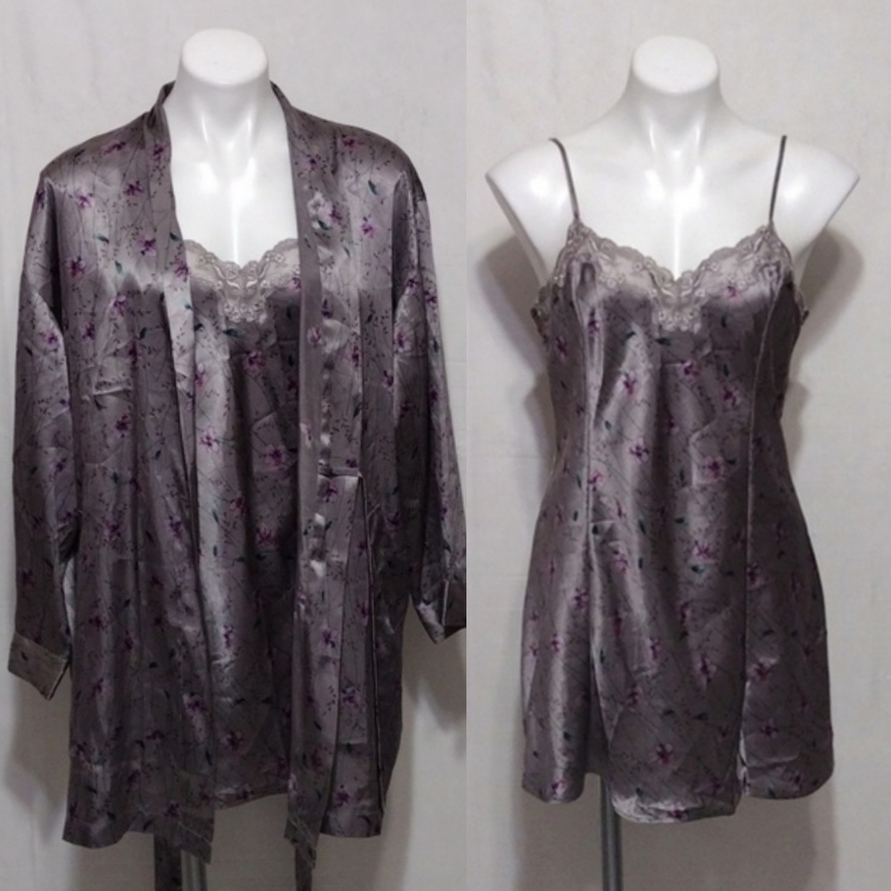 Victoria’s Secret Floral Satin Slip & Kimono Robe Set M/OS Lingerie Chic Luxury